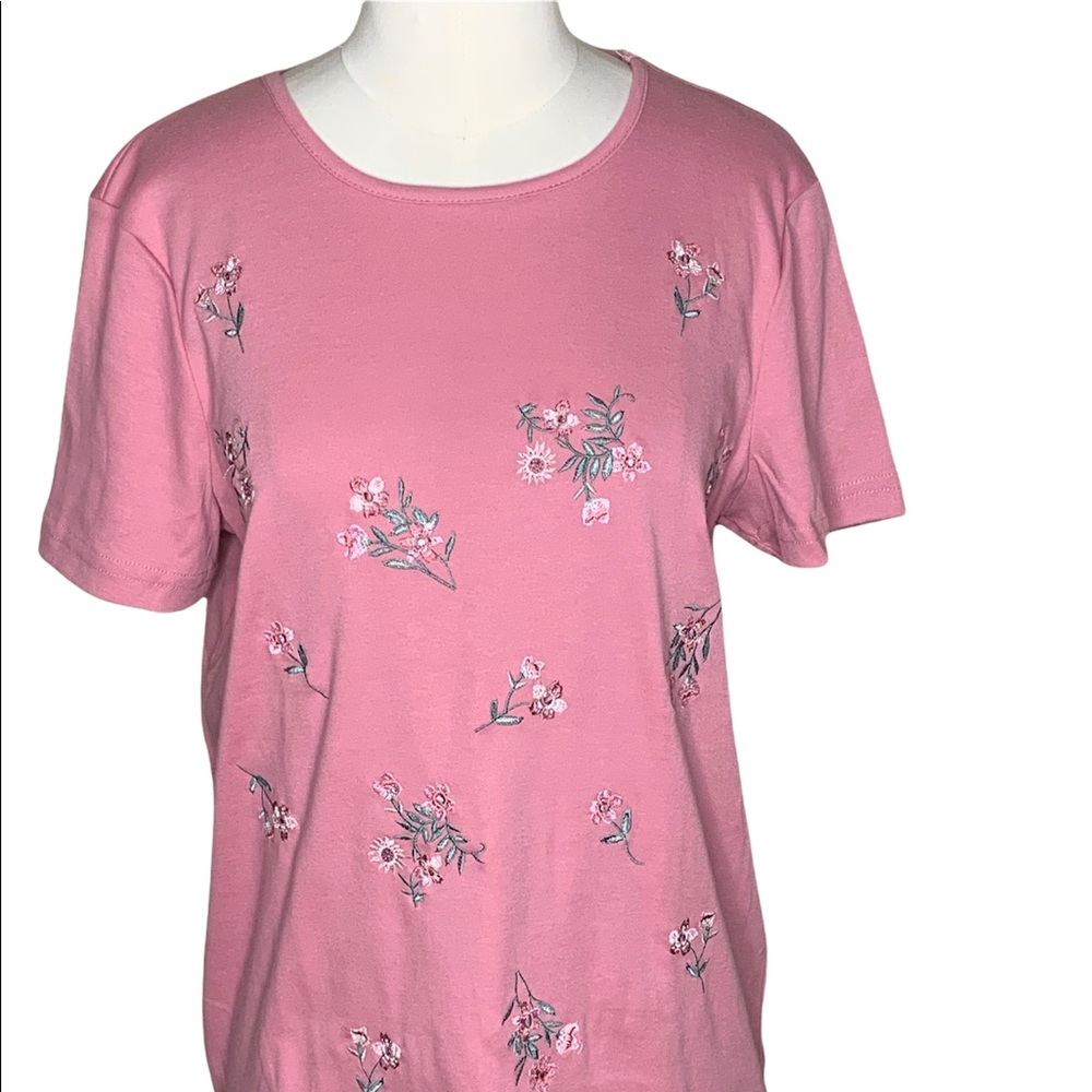 Bonnie Evans Pink Floral Embroidered Tee Shirt Top Short Sleeve - Size M NWT